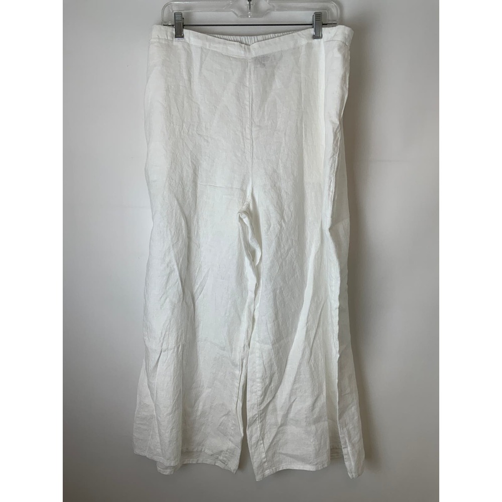 FLAX White Linen Pants L Large Wide Leg Elastic Waist
